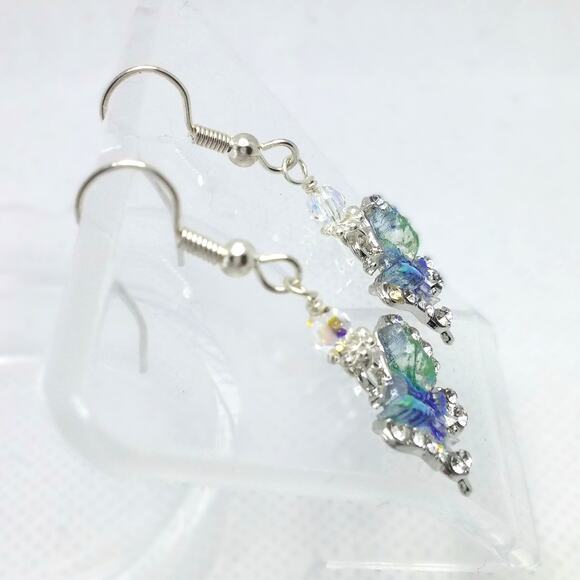Handmade Butterfly Earrings Whimsical Colorful Dangle Blue Green Sparkle NEW - Picture 6 of 9